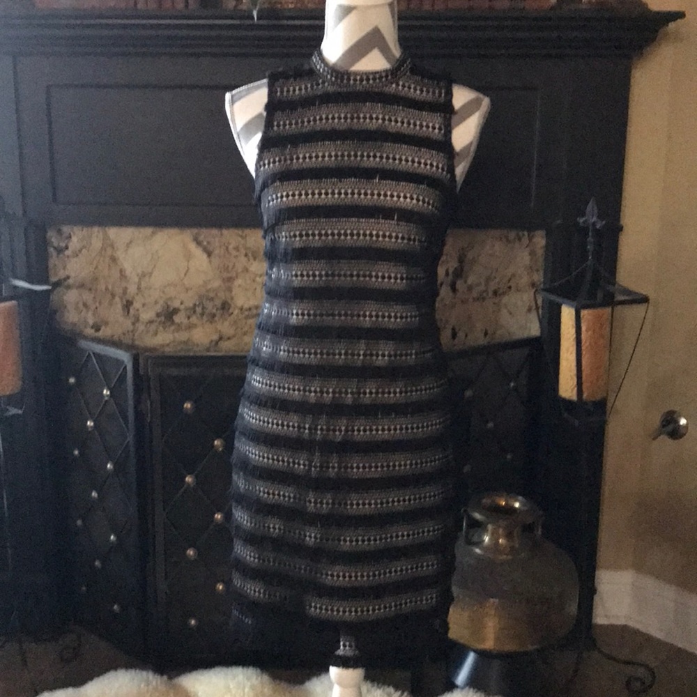J crew flesh lined sheath dress. Black overlay.